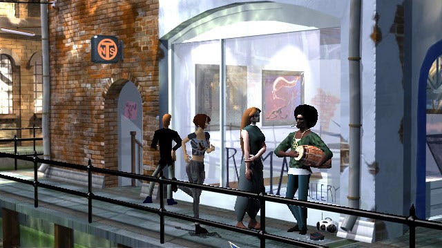 Running through the streets in a The Longest Journey screenshot.