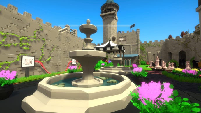 Puzzles in a castle courtyard in a screenshot from The Looker, a parody of The Witness.