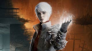 The Medium artwork showing white-haired woman holding out a glowing hand