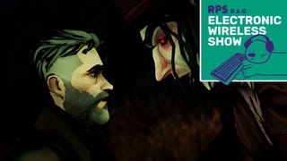 A screenshot from a cutscene of The Midnight Crimes where the main character faces down a big grave-robbing giant. The green square Electronic Wireless Show podcast logo is in the top right corner