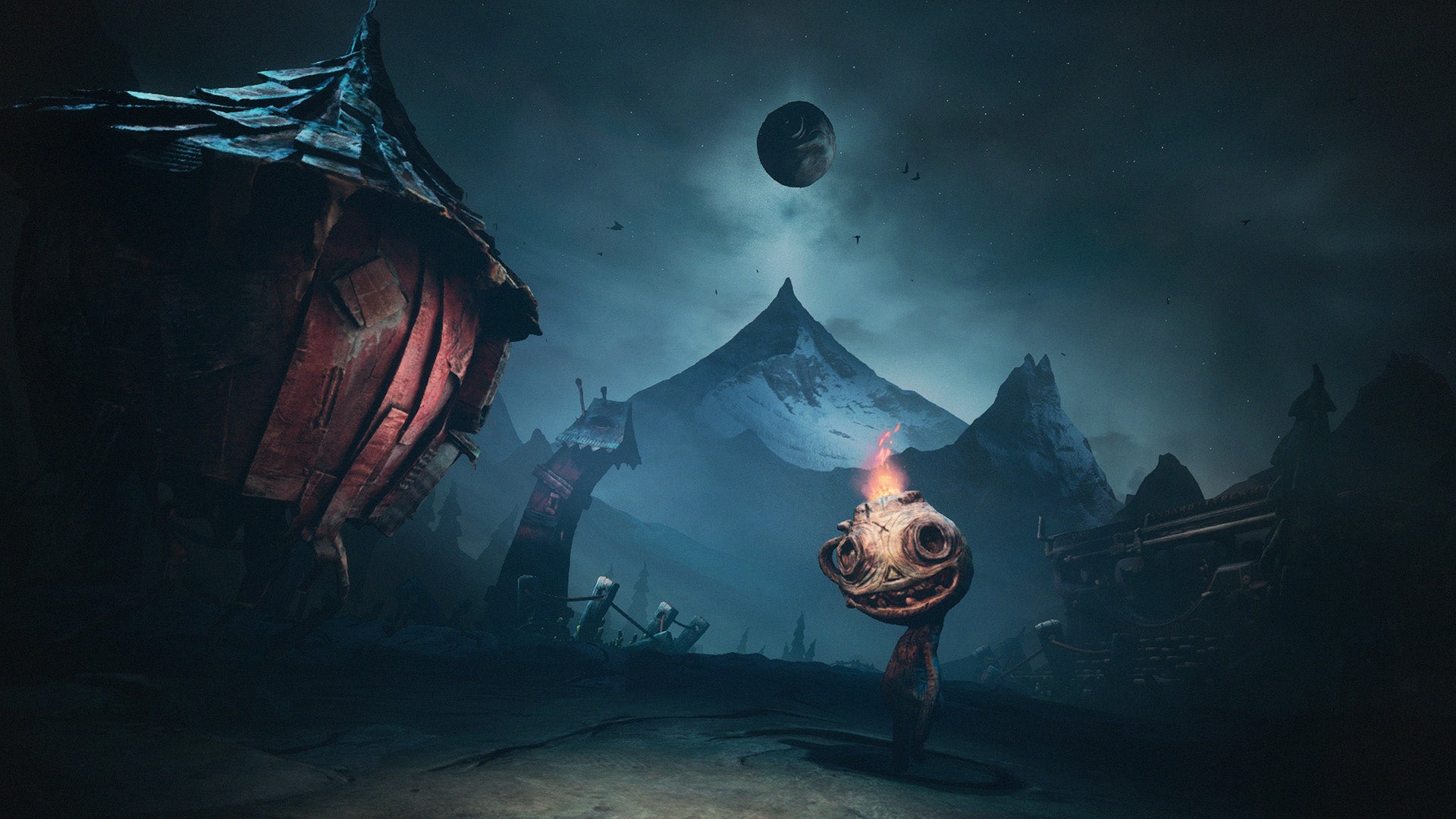 Potboy looks back as he stands next to a house on legs. A dark mountain rises in the distance, a shaded moon hovering atop it. - 1