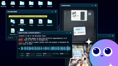 A close-up of a computer desktop with a pale blue and navy blue colour scheme. It's in some kind of dark mode and there are a few windows open showing a recording sound file, a picture of a floppy disk, and a folder with file and folder icons in. In the corner is a photograph with a bullet hole in it. And over the top of that is our Wishlisted cute face logo.