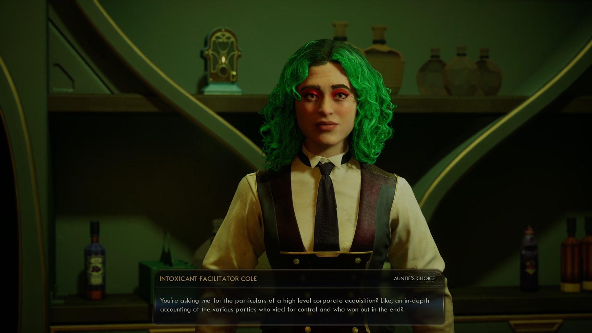 A bartender refusing to dish corporate dirt in The Outer Worlds 2. - 5