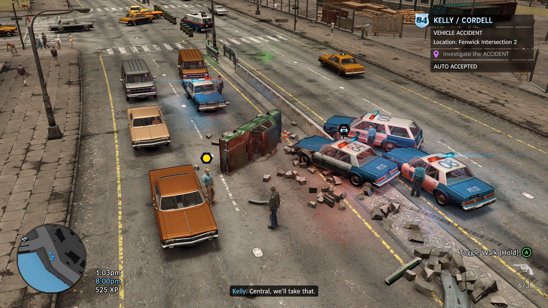 The player faces a criminal suspect at the scene of a crash, with three police cars piled into one. - 1