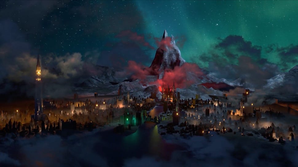 A bird's eye shot of a fantasy city at night. Low-hanging clouds obscure the horizons, but you can see both a towering mountain at its center, glowing red, and a piercing spire to the right.