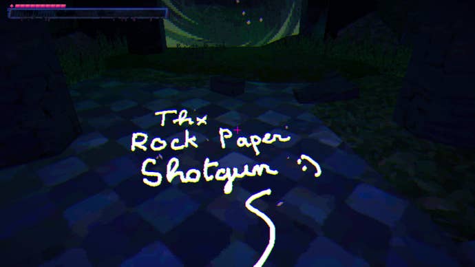 Drawing on the ground in white salt: Thx Rock Paper Shotgun :)' in nice cursive handwriting