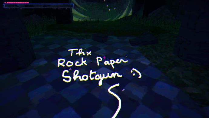 Drawing on the ground in white salt: Thx Rock Paper Shotgun :)’ in nice cursive handwriting