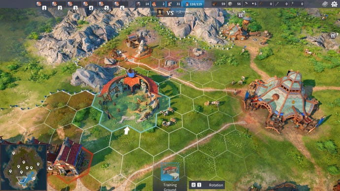 A village scene showing a hexagonal building grid in The Settlers