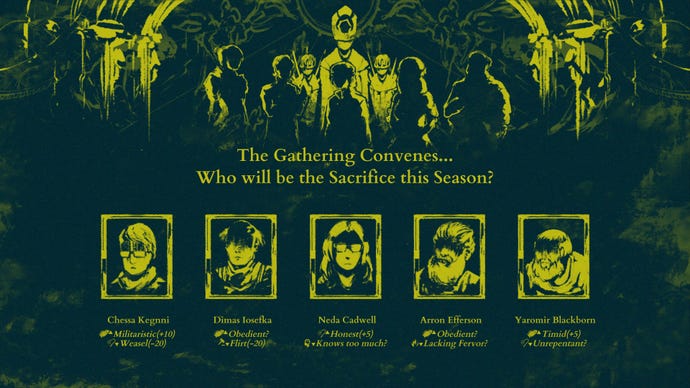 A screenshot of four nobles in The Shrouded Isle, one of which you must decide to sacrifice