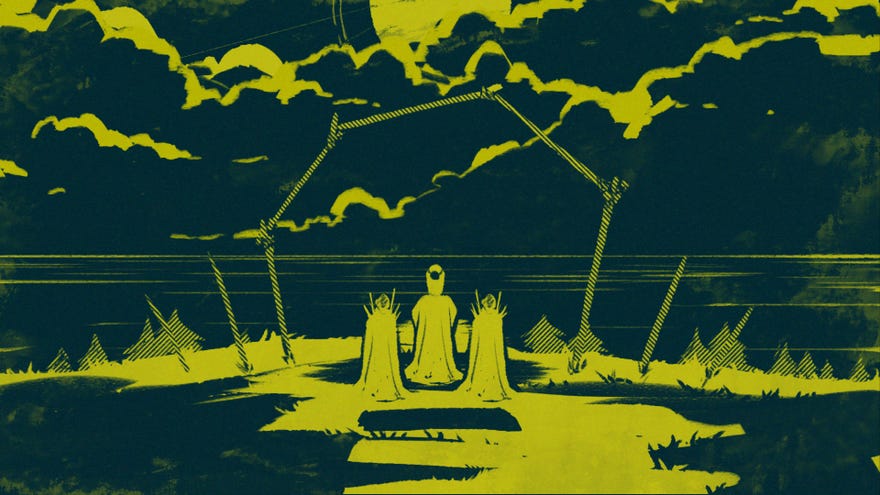 A screenshot from The Shrouded Isle showing an end of season sacrifice on a clifftop