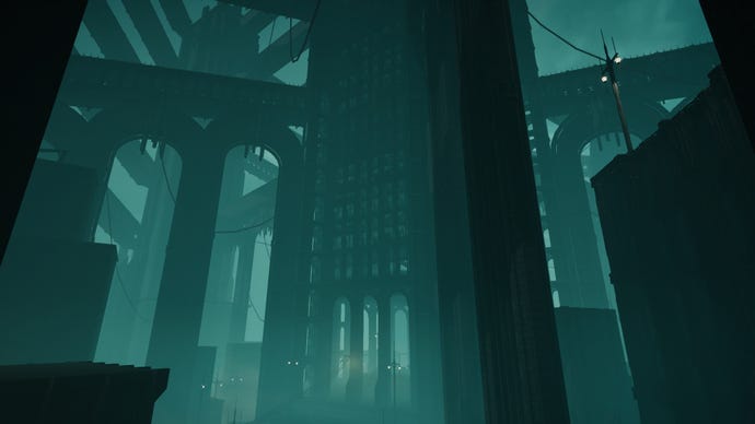 Giant spooky Gothic architecture in the fog in a The Silent Swan screenshot.