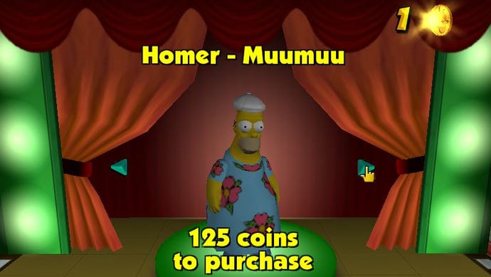 Homer dressed in his flowery muumuu in the option outfits screen from The Simpsons: Hit & Run