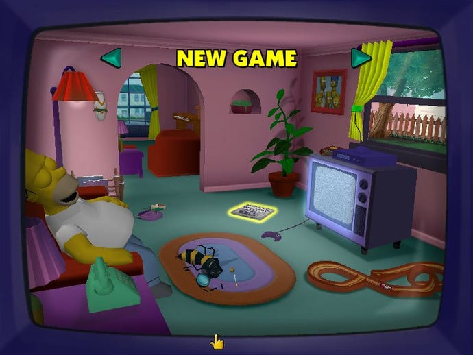 The New Game screen in The Simpsons: Hit & Run, showing Homer Simpson asleep in the family's living room