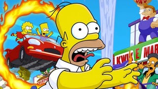 The Simpsons: Hit & Run cover showing Homer Simpson running away as his children Bart and Lisa jump through a ring of flames in a red convertible car. Kwik E Mart owner Apu looks alarmed