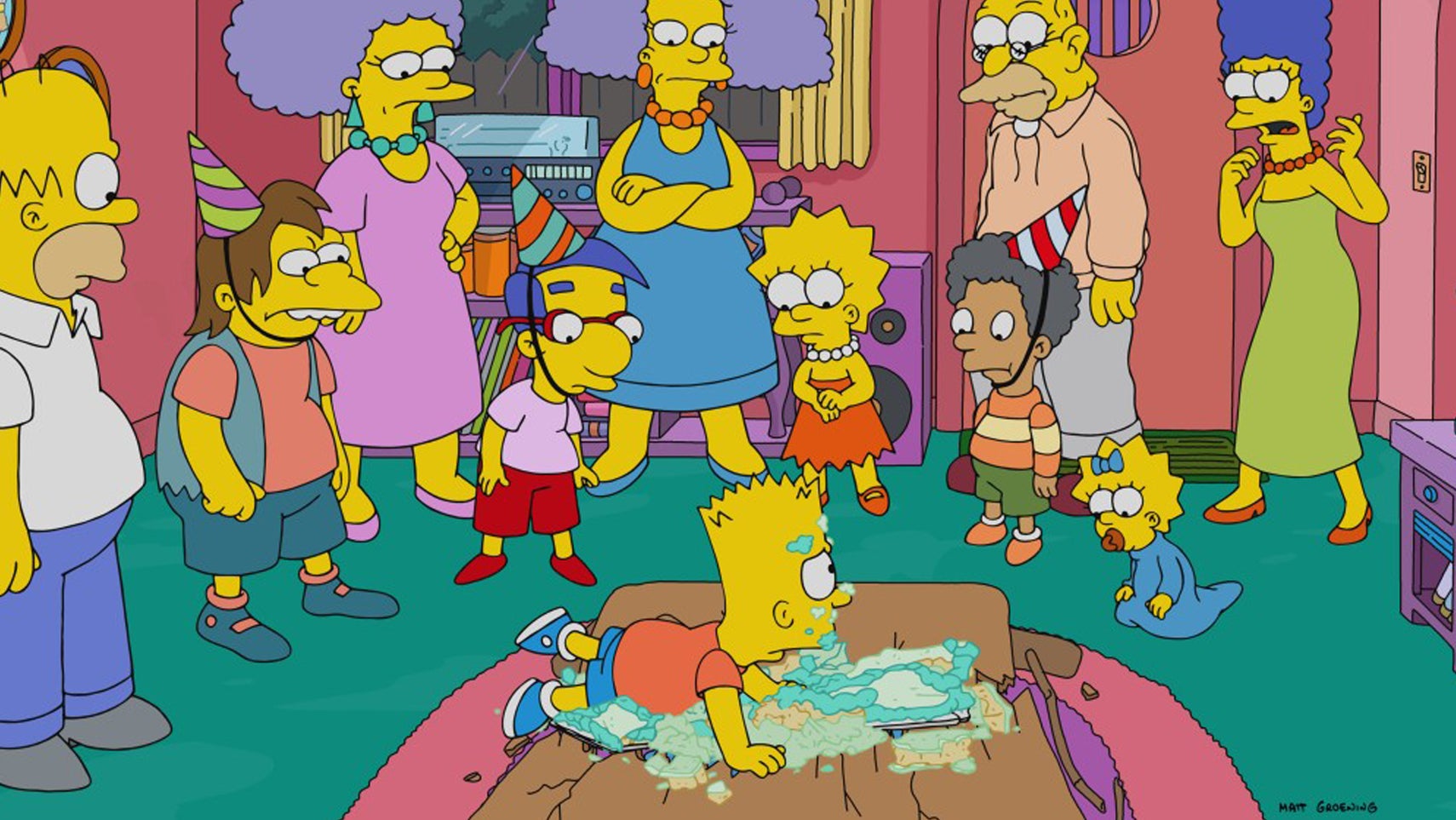 Bart Simpson has fallen into a birthday cake, other characters looking at him in surprise in The Simpsons. - 1