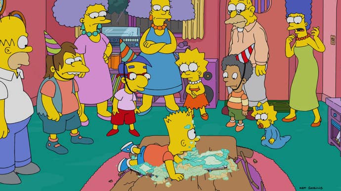 Bart Simpson has fallen into a birthday cake, other characters looking at him in surprise in The Simpsons.