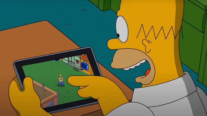 Homer Simpson plays The Simpsons: Tapped Out on a tablet in an image from the game’s trailer.