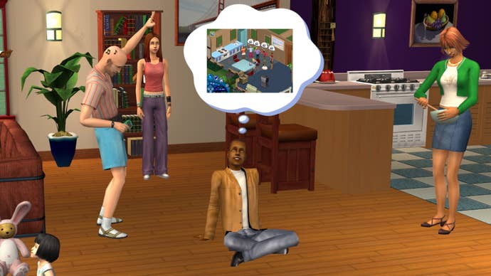 An image of a character in The Sims 2 sitting on the floor in the living room while other Sims cook and dance around him. A superimposed thought bubble coming from his head shows he’s daydreaming about The Sims 1.
