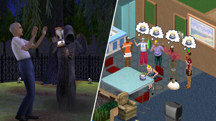 Some Sims doing things in The Sims 1 and 2 Legacy Collections.
