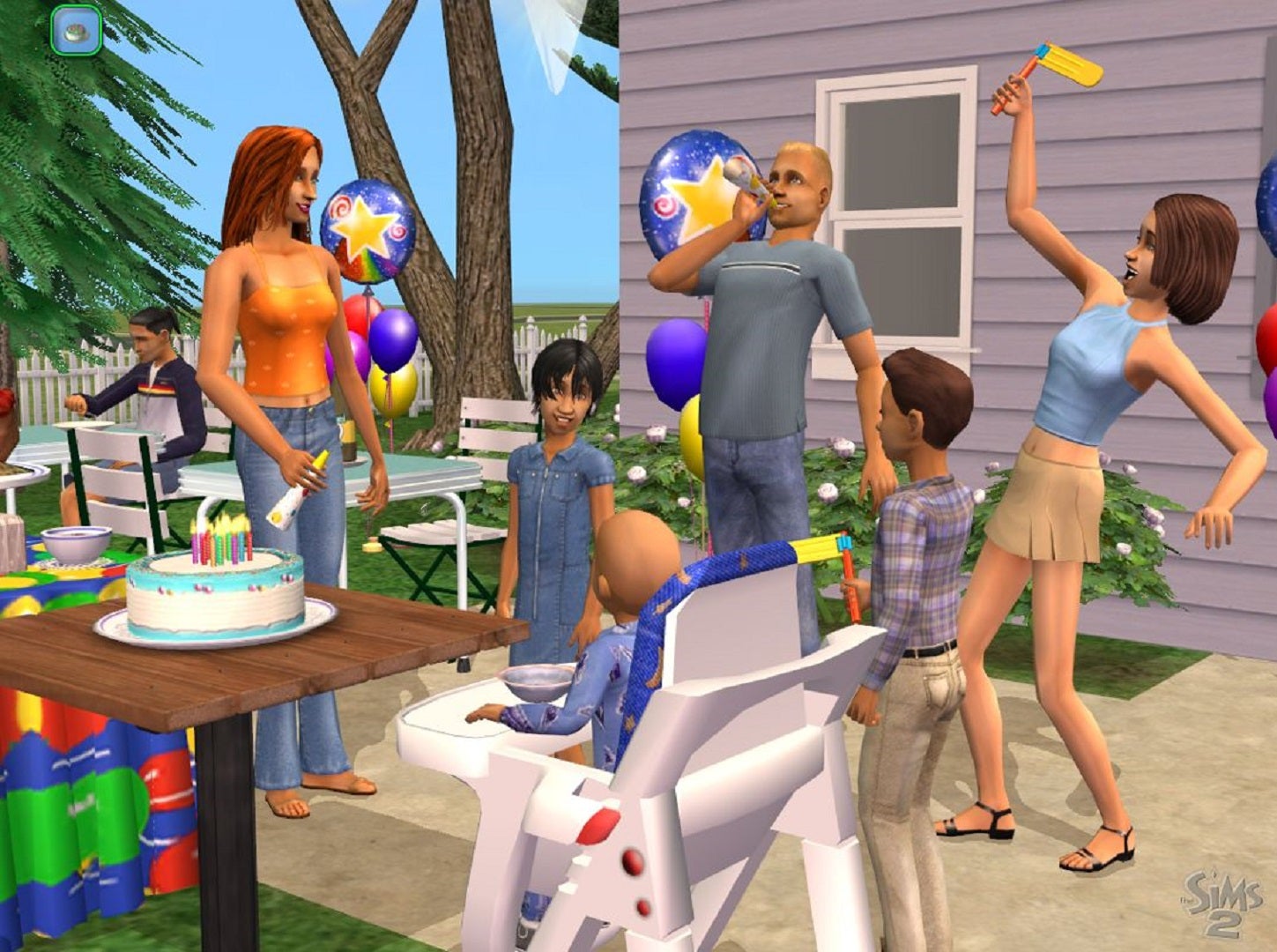 Two adult Sims, a teenager, two child Sims and a toddler cheer during an outdoor birthday party. - 3