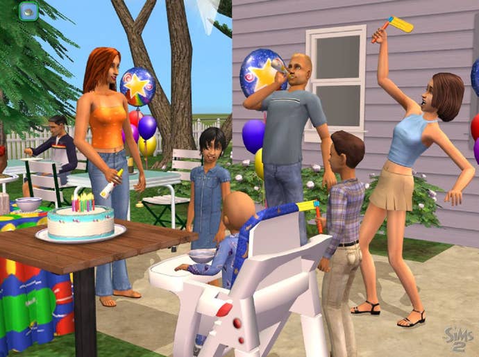 Two adult Sims, a teenager, two child Sims and a toddler cheer during an outdoor birthday party.