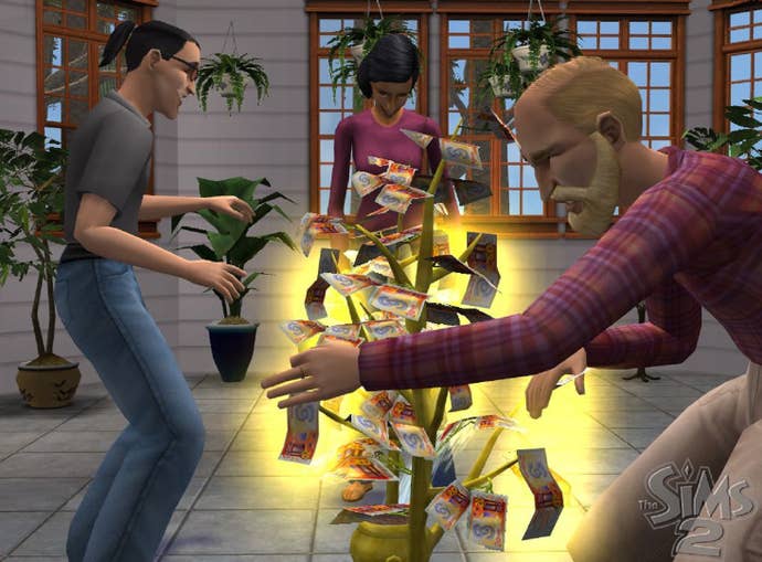 Two male Sims and a female Sim harvest the fruits of a money tree.