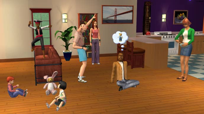 the sims 2 promo art of family scene in house