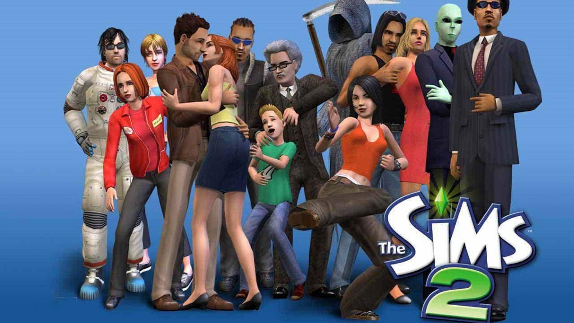 The full box art render for The Sims 2, which shows 14 very different Sims in tableu, including an astronaut, pizza delivery girl, an alien, and the Grim Reaper. - 1
