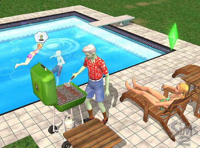 Jill and Johnny Smith swim in the pool while Jenny relaxes on a sunlounger and Pollination Tech #9 tends the barbecue.