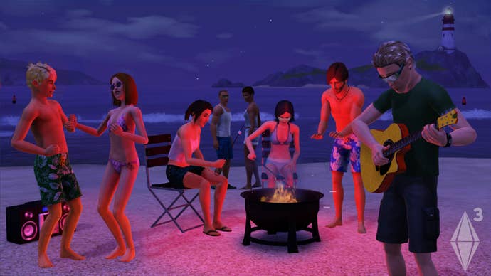 A group of Sims in swimwear party around a fire pit on a beach after sunset.