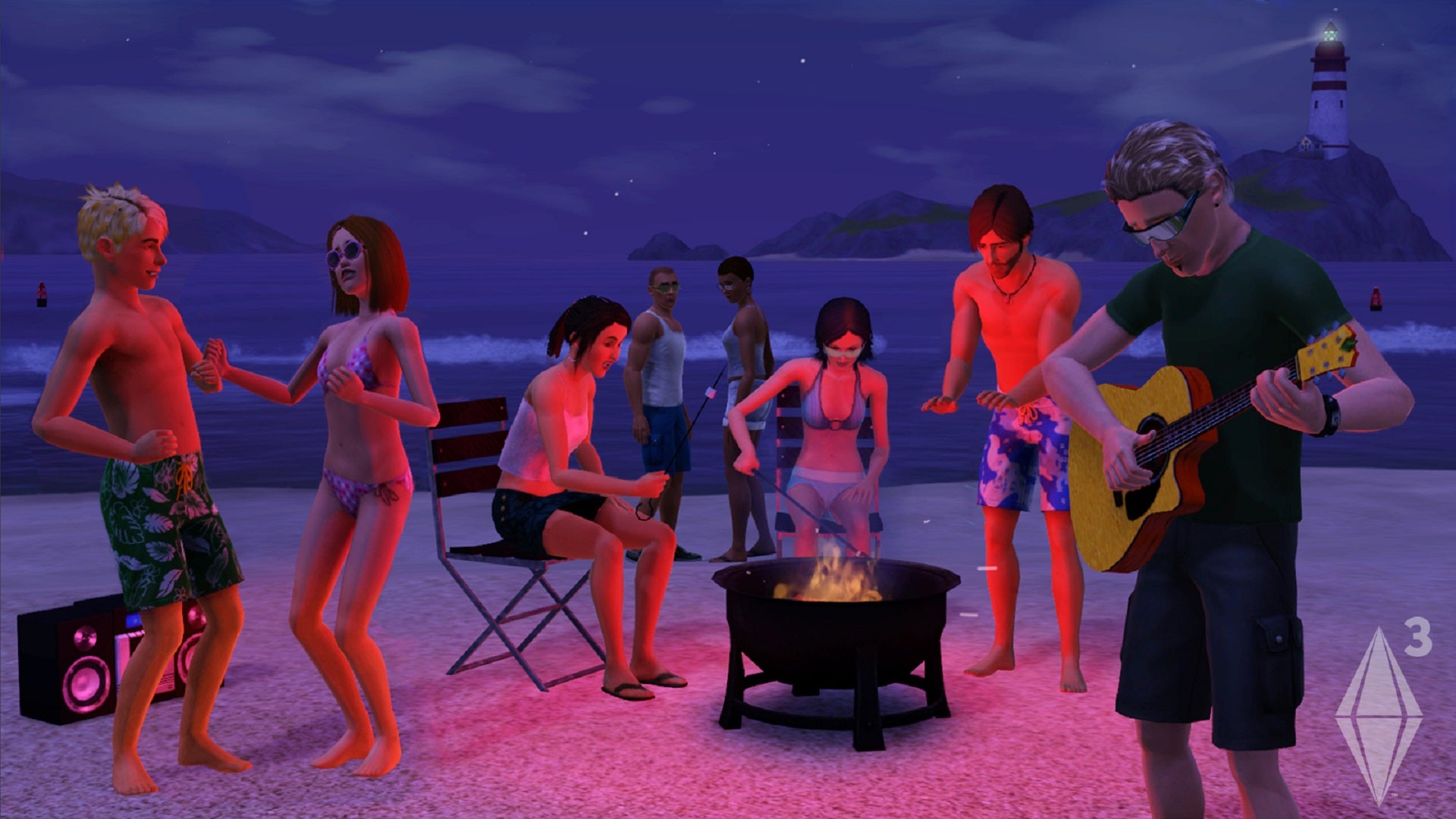 A group of Sims in swimwear party around a fire pit on a beach after sunset. - 6