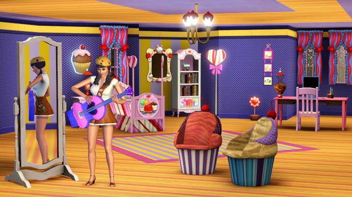 A female Sim strums a cupcake-shaped guitar in a brightly coloured bedroom filled with candy-themed furniture.