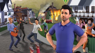 A pre-release key art render for The Sims 3 shows a lively street with such features as a ghost, a house fire, a bin diver, and warring neighbours, as a male Sim in the foreground looks into the camera with an ironic expression.