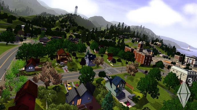A slightly skewed birds-eye view of Sunset Valley, the default town in The Sims 3.