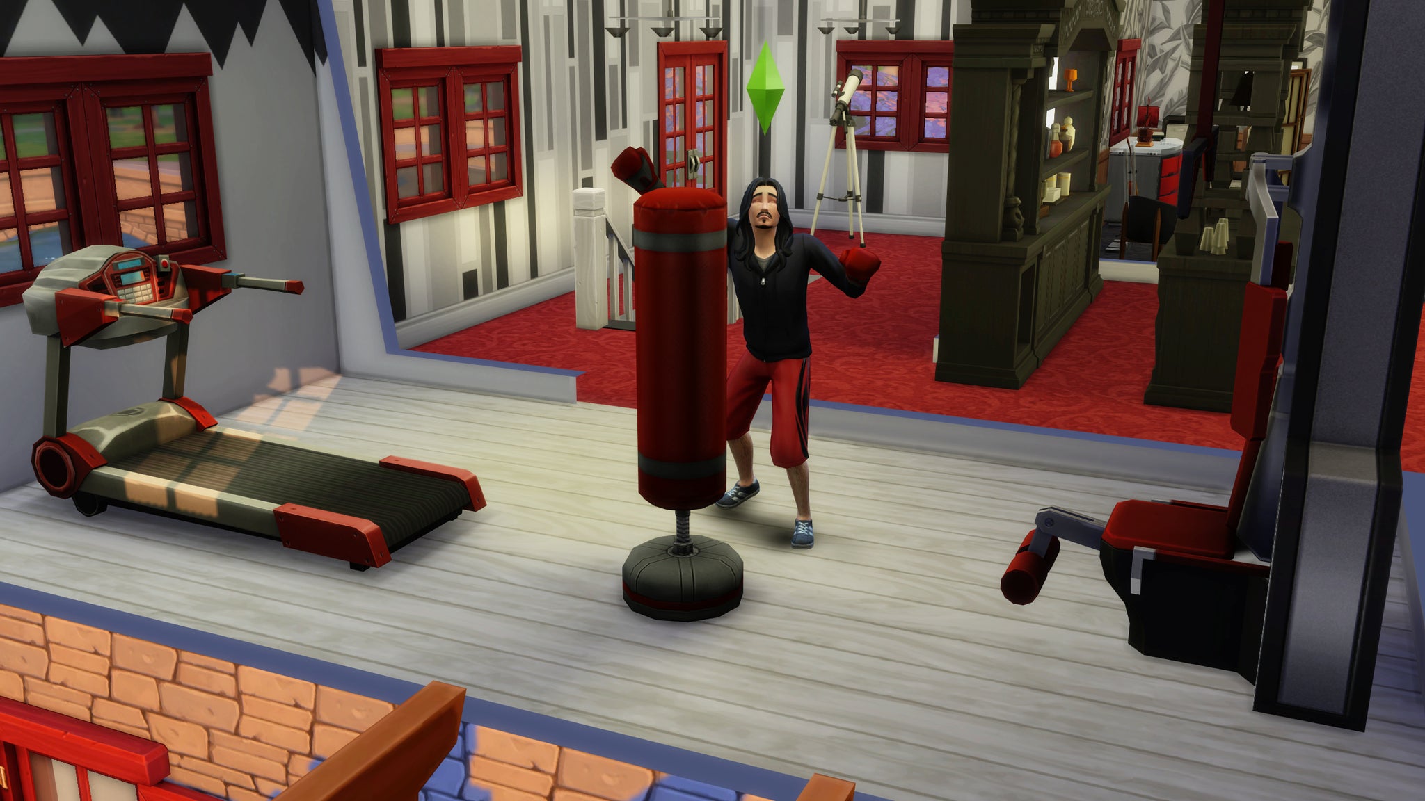 A sim swinging at a punching bag in The Sims 4. - 3