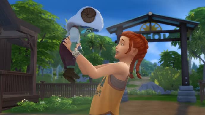 A woman-child SIM card with tailored red hair raises her invented sheep's friend against the background of the forest entrance to the camp.