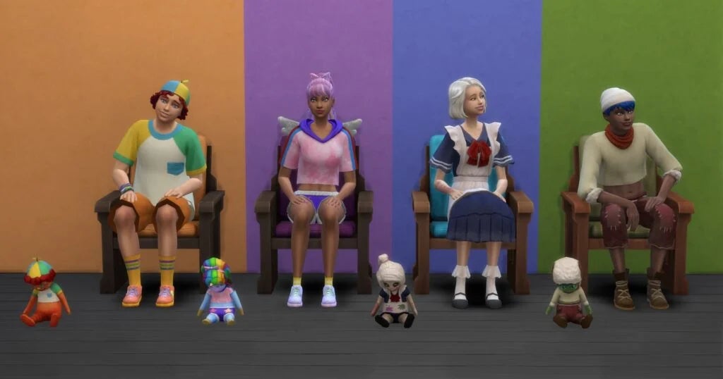 Four imaginary friend dolls — Lil Monster, Pretty Pegacorn, Krafty Kid, and Wild Child — alongside their human teen counterparts in The Sims 4 Adventure Awaits: a red-haired boy in a goofy yellow-and-green shorts-and-tee combo, a girl with purple hair and wings, another girl with blonde hair and a pinafore dress, and a boy in woolly hat and jumper wearing hiking shorts and boots. - 6