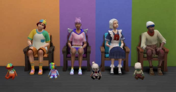 Four imaginary friend dolls — Lil Monster, Pretty Pegacorn, Krafty Kid, and Wild Child — alongside their human teen counterparts in The Sims 4 Adventure Awaits: a red-haired boy in a goofy yellow-and-green shorts-and-tee combo, a girl with purple hair and wings, another girl with blonde hair and a pinafore dress, and a boy in woolly hat and jumper wearing hiking shorts and boots.
