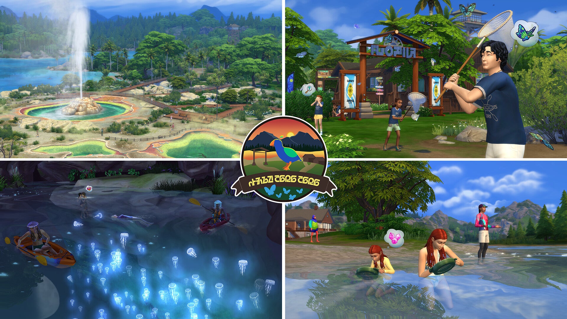 Four in-game screenshots style as a postcard showcase the new world of Gibbi Point in The Sims 4 Adventure Awaits. - 4