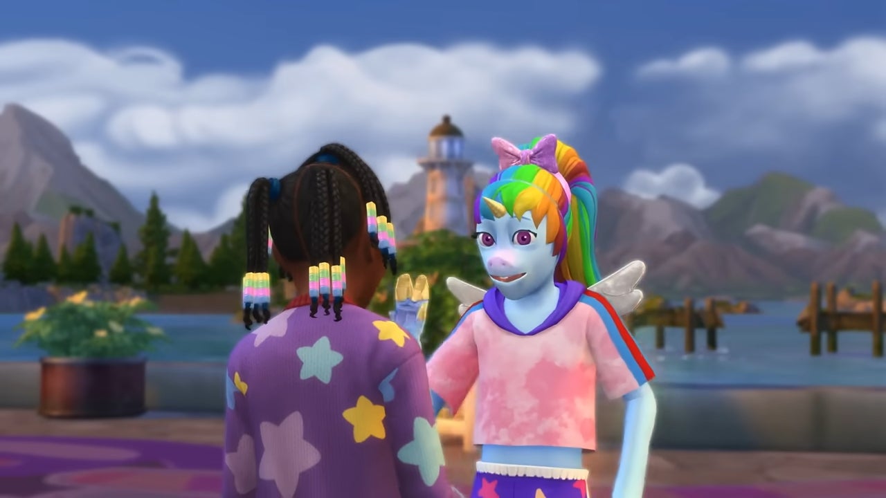 A child Sim holds a conversation with Pretty Pegacorn, a rainbow-haired imaginary friend with blue skin and the face of a cartoon horse. - 5