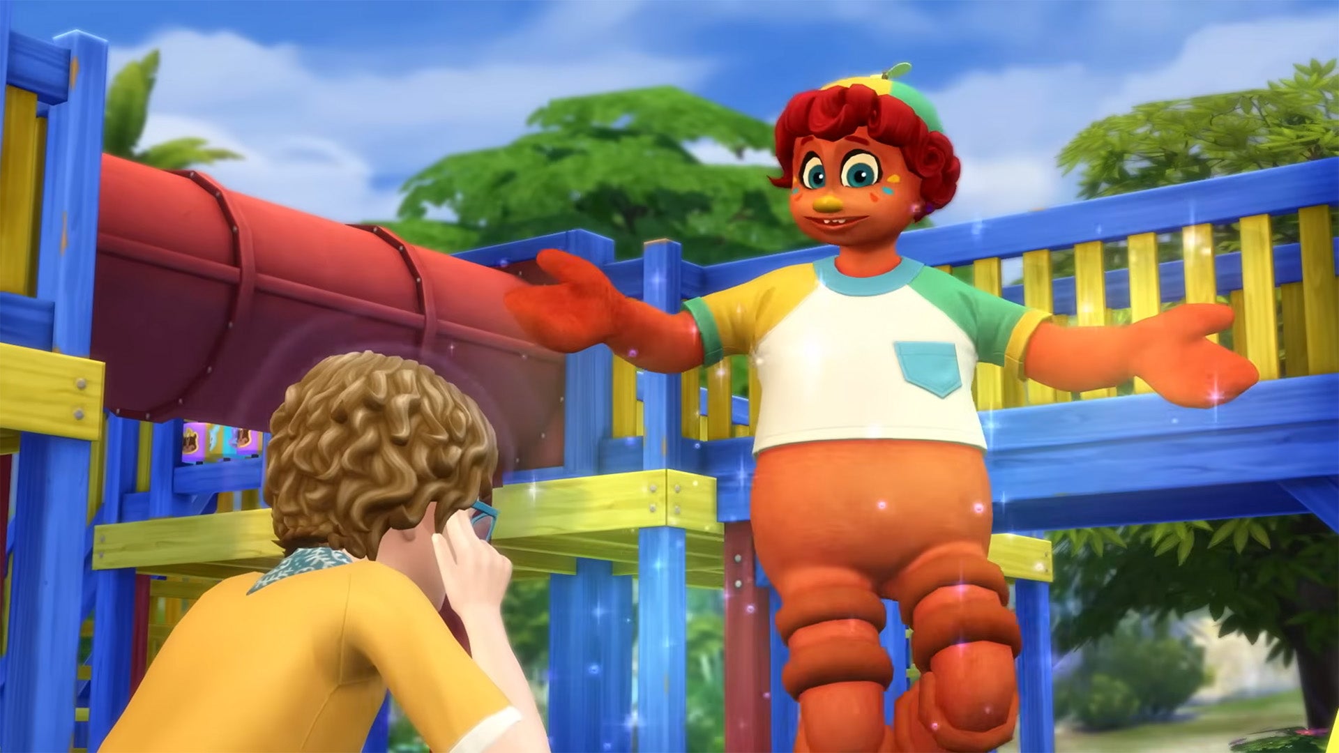 An orange, doll-like imaginary friend is floating in The Sims 4 Adventure Awaits. - 1