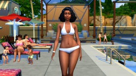 A Sim walking alongside a pool in a white halter top bikini, in a new base game update for The Sims 4