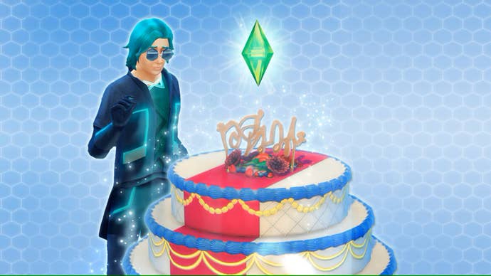 Emit Relevart admires a giant birthday cake with a green plumbob floating above it, in the event key art for The Sims 4 Blast from the Past.
