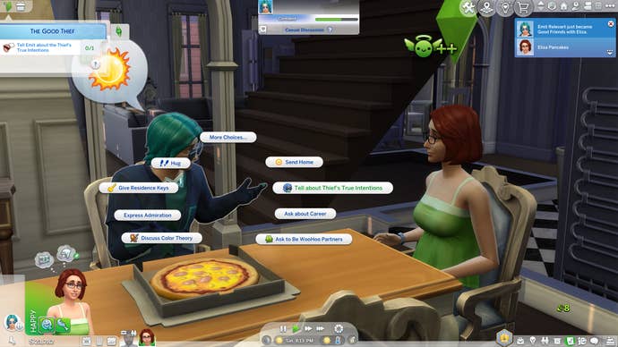 Emit Relevart and Eliza Pancakes discuss the time travelling thief’s identity over pizza in Eliza’s dining room in The Sims 4.