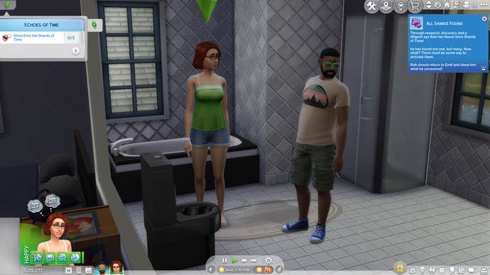 Eliza and Bob Pancakes stand in Bob’s modern yet fairly disgusting bathroom, having just fished the final Shard of Time out of the toilet in The Sims 4 Blast from the Past.