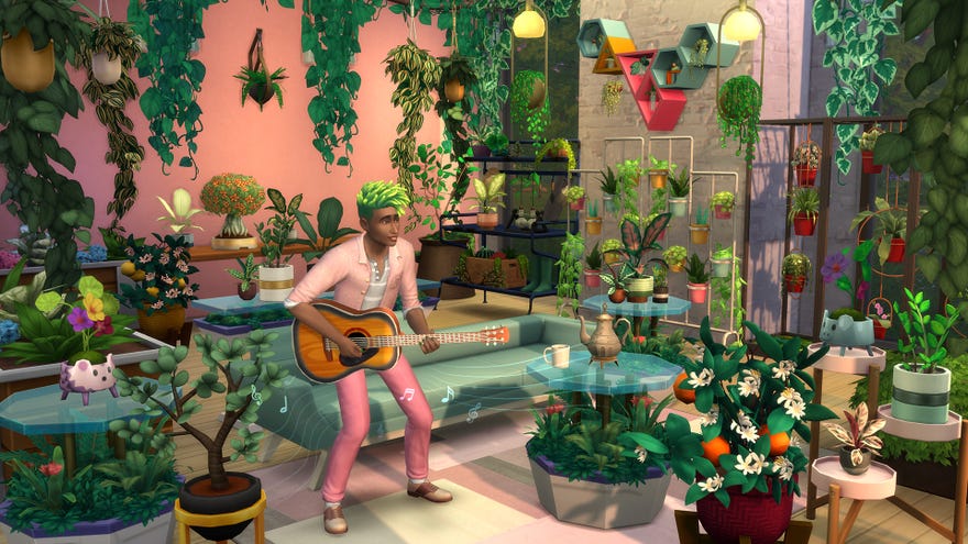 A screenshot of The Sims 4’s Blooming Rooms Kit showing a green-haired sim in a living room filled with plants.