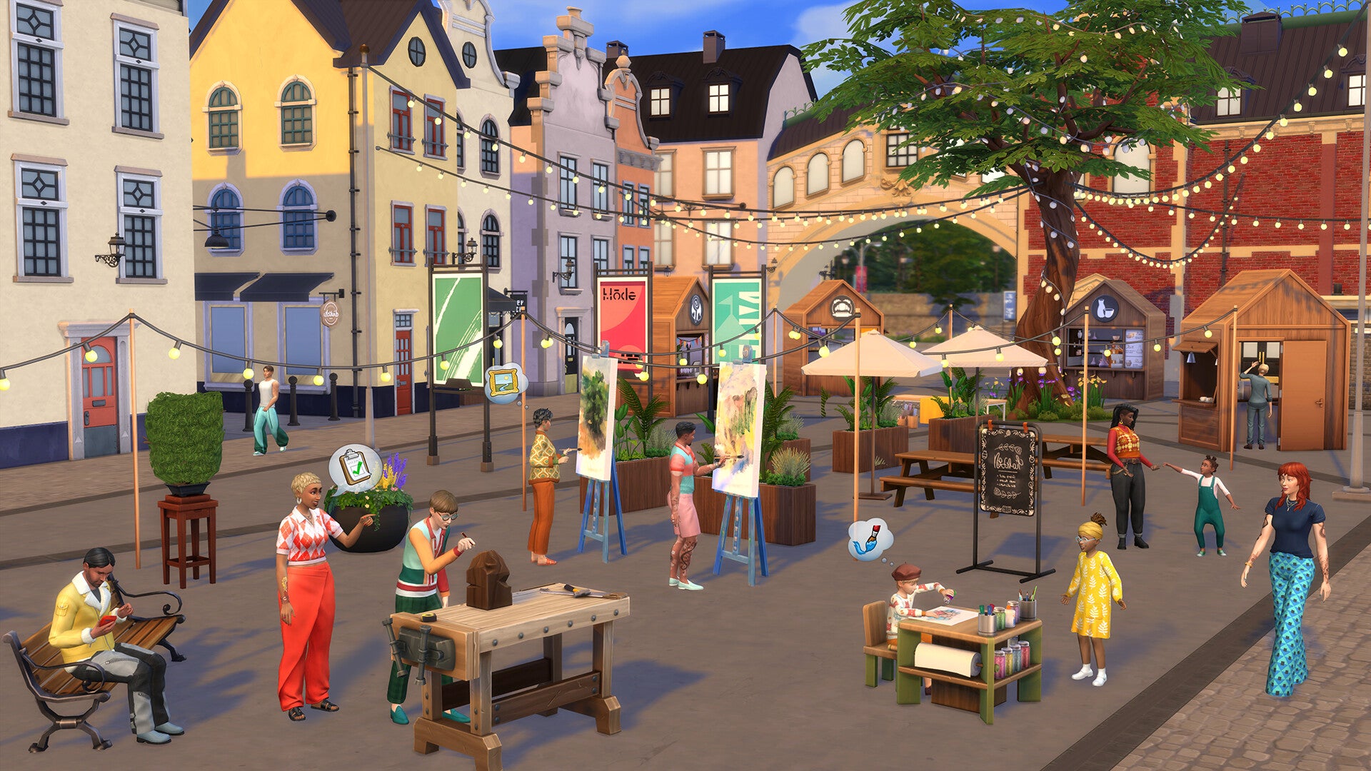 An outdoor arts and crafts class in a town square in The Sims 4. - 3