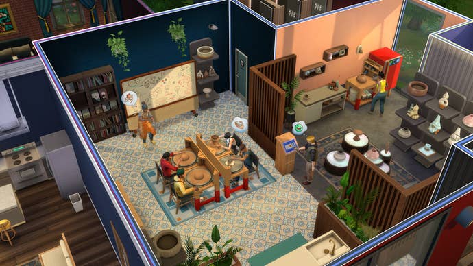 A zoomed-out view of a busy pottery studio in The Sims 4 Businesses & Hobbies.