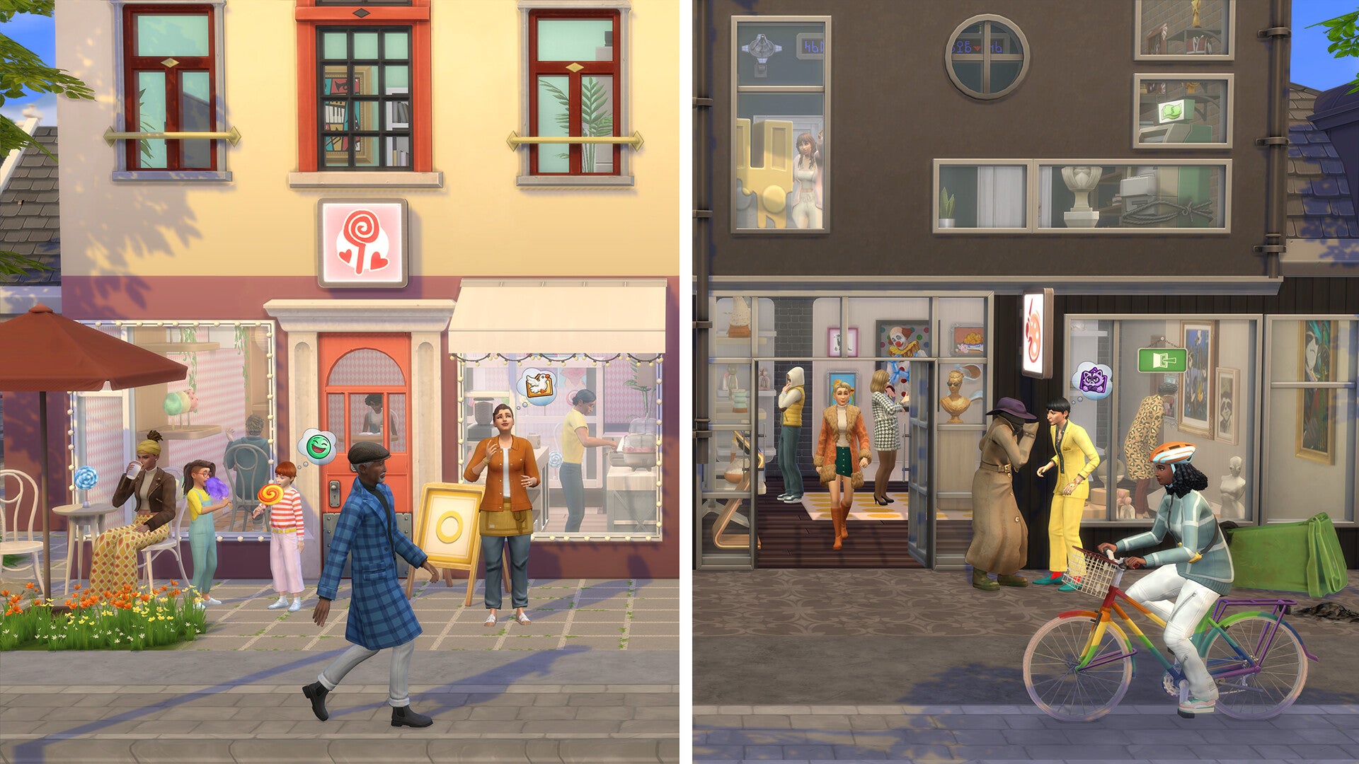 A split-screen view envisions the same Sims 4 townhouse as two different home businesses: a pastel-coloured sweetshop on the left, and a chic art gallery on the right. - 6