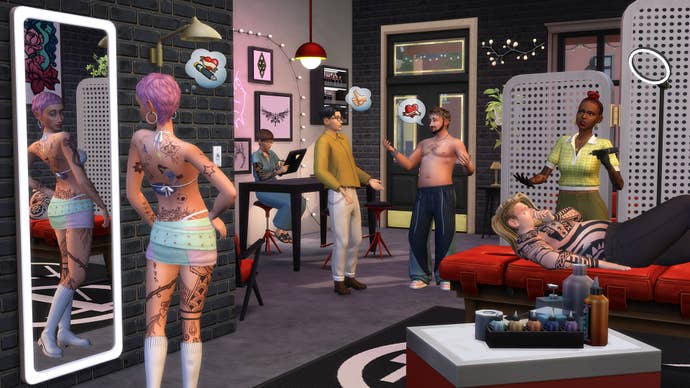 A heavily tattooed Sim admires themself in the mirror of a busy tattoo parlour in The Sims 4.